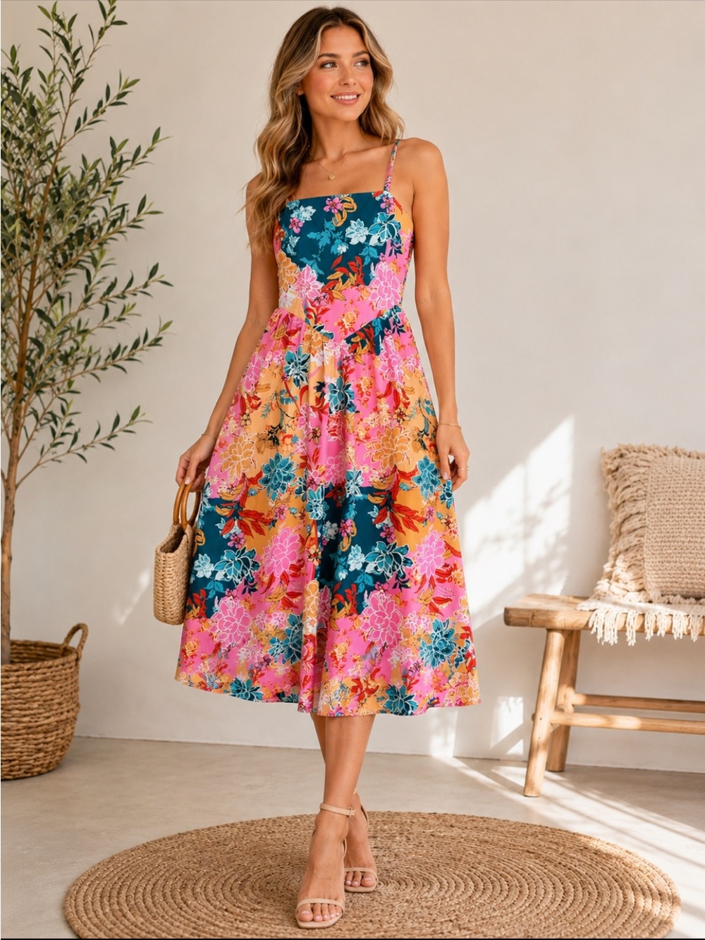 NWT Tulip Creations Exclusive Print Floral Midi Dress Medium Anthro Pink Teal